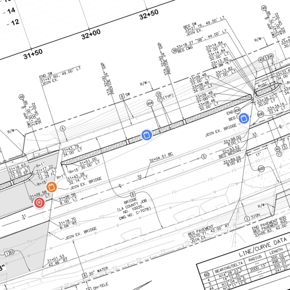 Plan sheet overlay with project records pinned to their blueprint locations