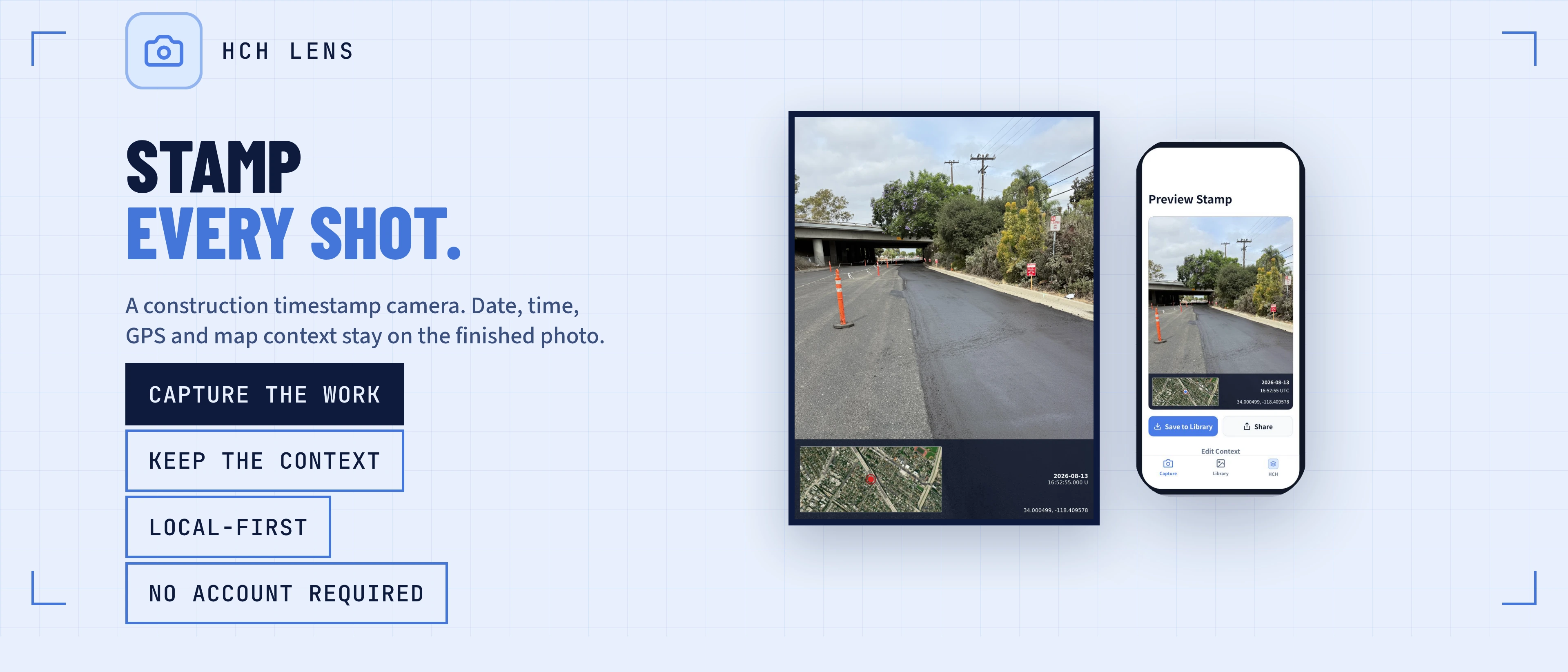 HCH Lens field photo with a visible timestamp, GPS location, and map context