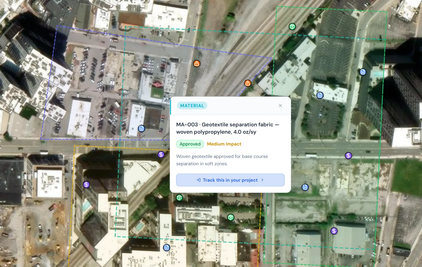 HeavyCivilHelper job tracking map with color-coded work zones, field record pins, and an approved geotextile material record