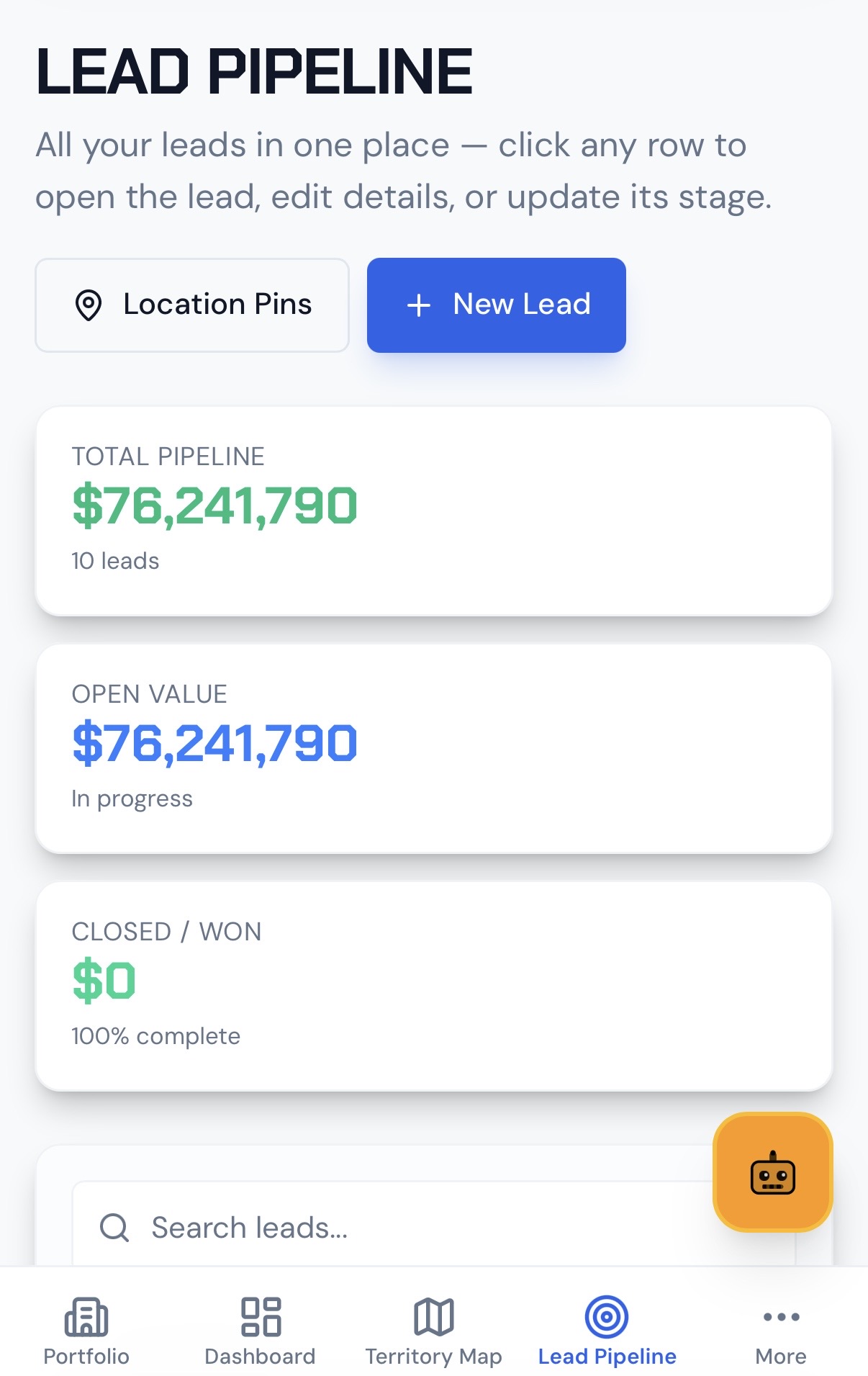 Lead Pipeline in HeavyCivilHelper showing total pipeline value, open value, and closed/won summary cards with lead list below