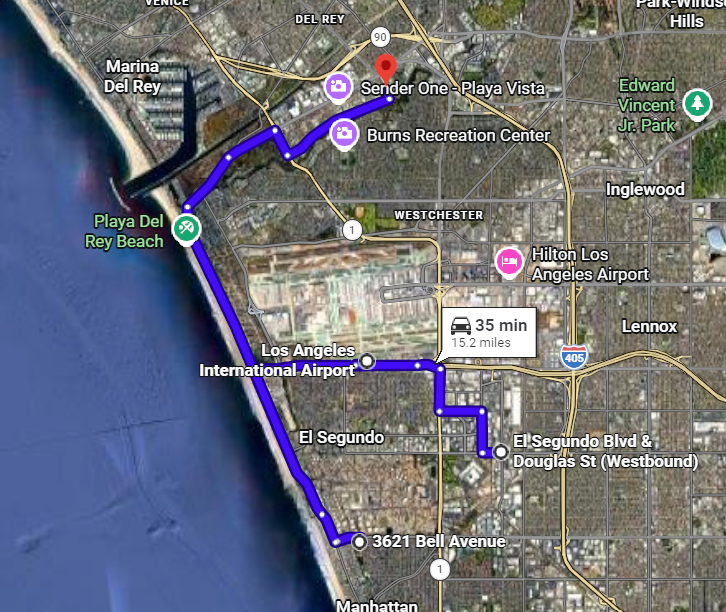 HeavyCivilHelper route planner satellite view — optimized multi-stop route through the LA area, 35 minutes and 15.2 miles, shown on satellite map