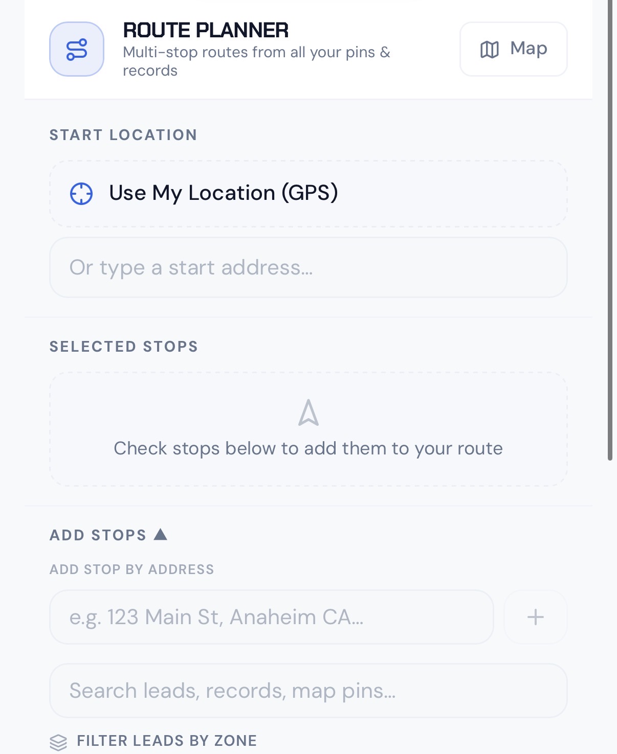 Route Planner inside HeavyCivilHelper: multi-stop route builder with GPS start location, selected stops, and lead checklist